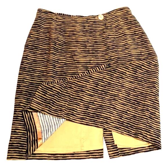 Rena Rowan for Saville faux wrap skirt elegant navy blue & tan knee length sz 10 - Picture 2 of 7